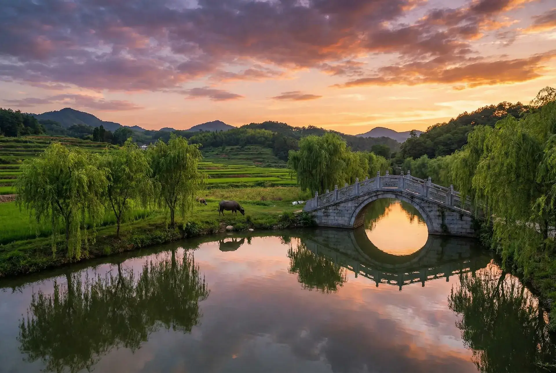 夕阳下的石拱桥与垂柳，水牛在河边吃草 - 长谷川夏树 乡村美景